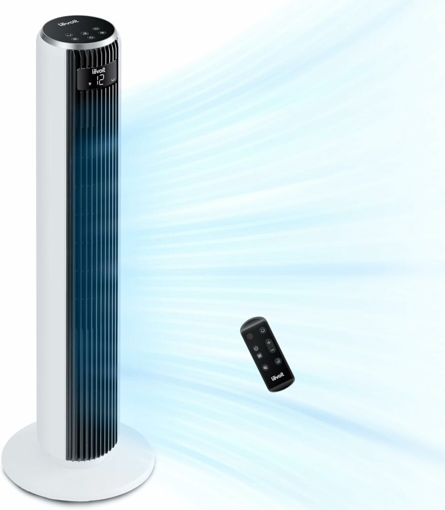 LEVOIT Ventilateur Colonne Silencieux 20dB Mode Veille, 7.9m/s DC Moteur, avec Télécommande, Oscillant 90° avec 12 Vitesses, Minuterie 12h, Affichage LED Ventilateur de Refroidissement sur pied