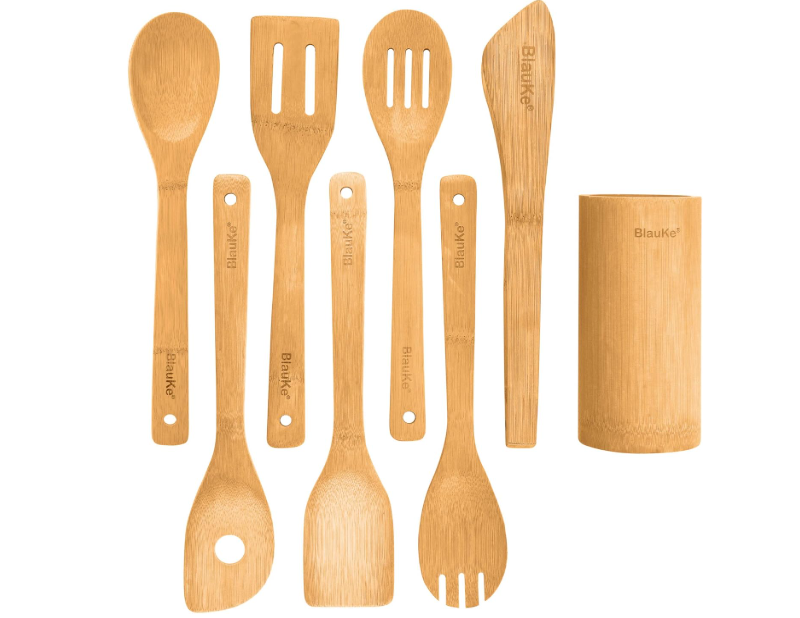 Ustensiles De Cuisine En Bois De Bambou – Set de 8 Accessoires de Cuisine (Raclette, Palettes, Cuillère, Spatule en Bois, Pince, Porte) – Ensemble de...